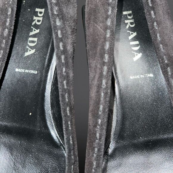 Vintage Prada Black Suede Kitten Heel Bow Detail Slip On Loafer Size 37 US 7 - Picture 2 of 13